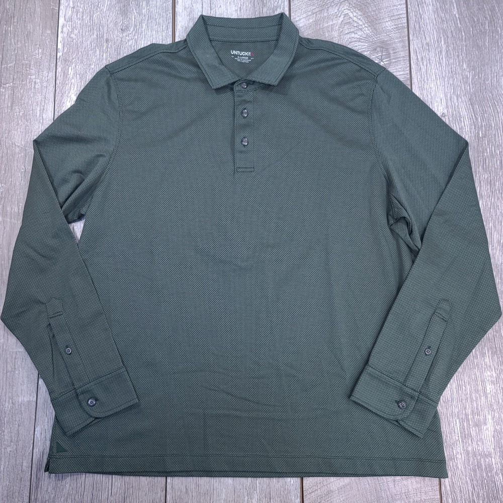 UNTUCKit Polo Shirt Mens XL Green Damaschino Diamond Birdseye Long Sleeve 40775
